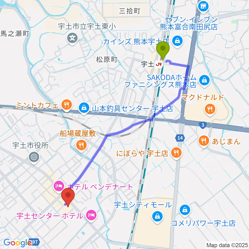 宇土市民会館の最寄駅宇土駅からの徒歩ルート（約23分）地図