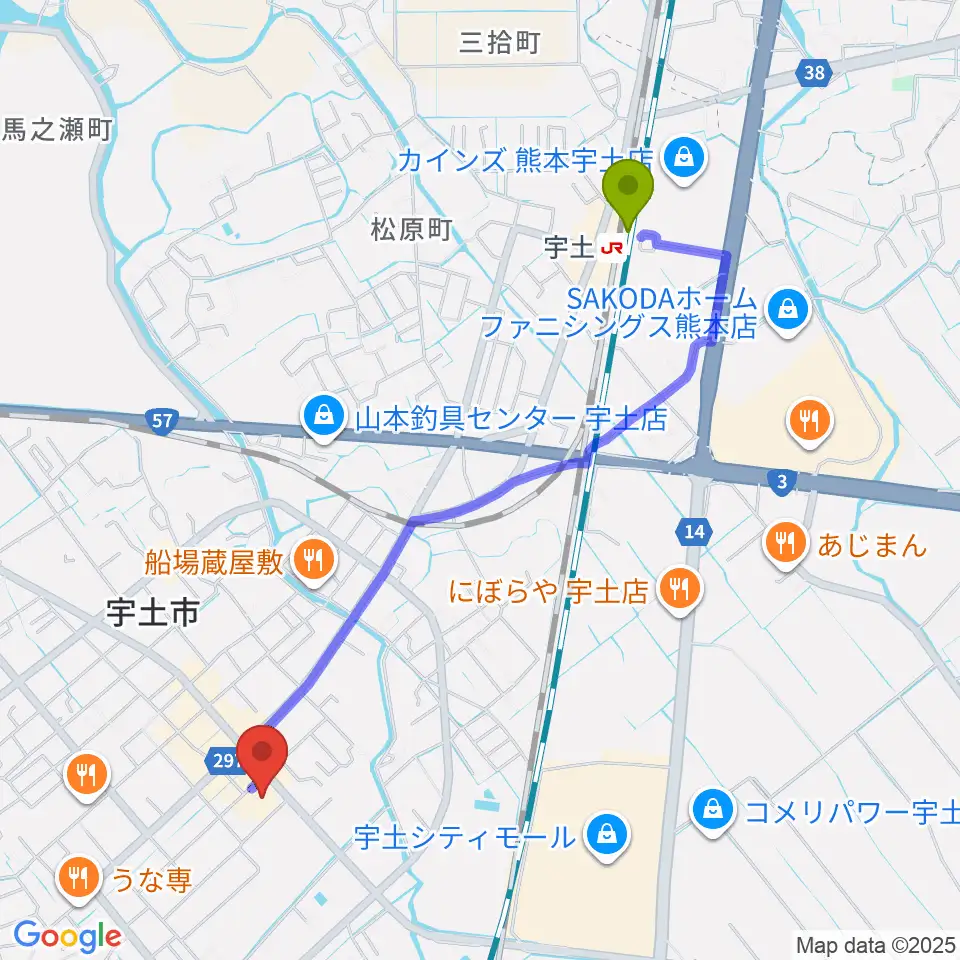 宇土市民会館の最寄駅宇土駅からの徒歩ルート（約23分）地図