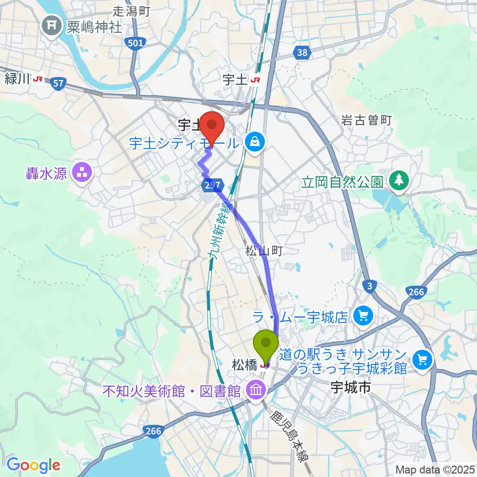 松橋駅から宇土市民会館へのルートマップ地図