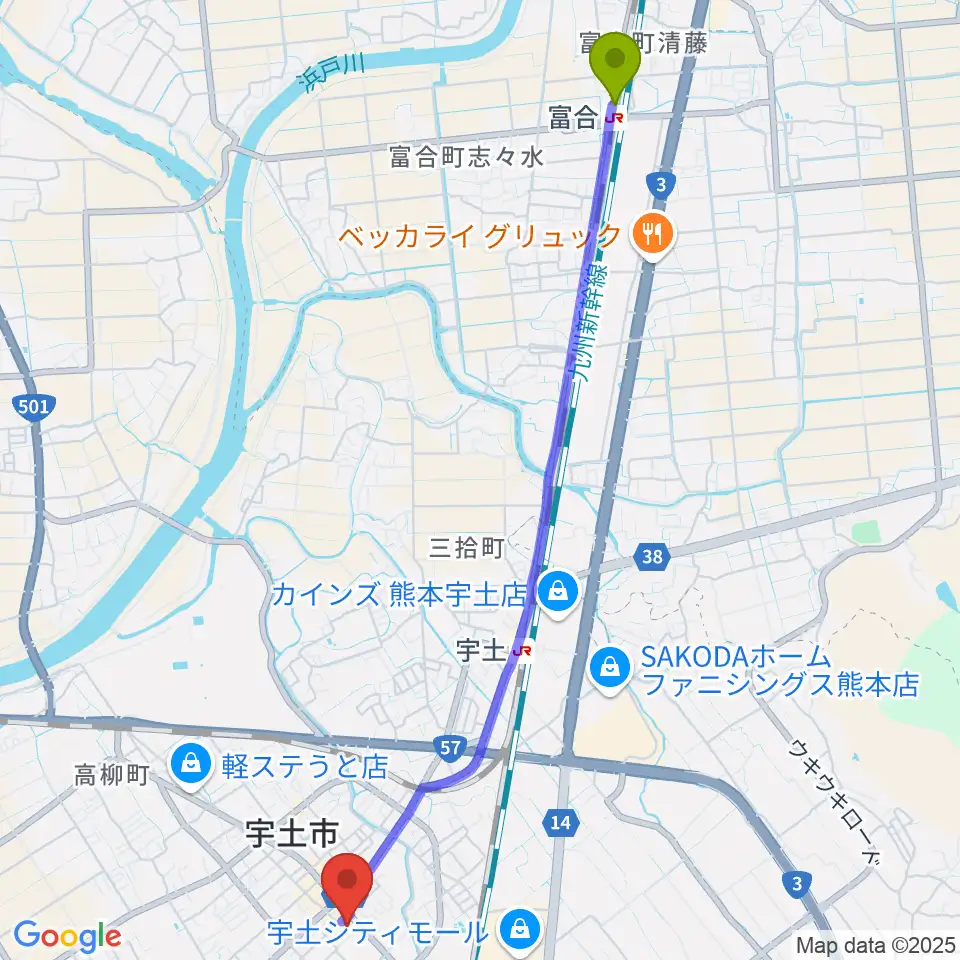 富合駅から宇土市民会館へのルートマップ地図