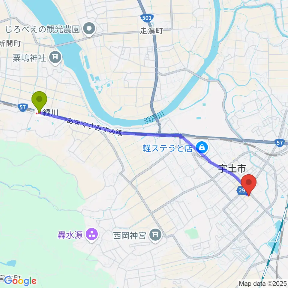 緑川駅から宇土市民会館へのルートマップ地図
