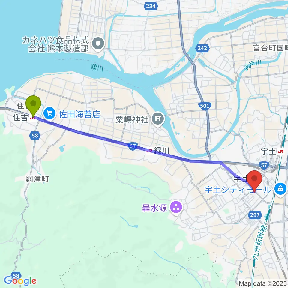 住吉駅から宇土市民会館へのルートマップ地図