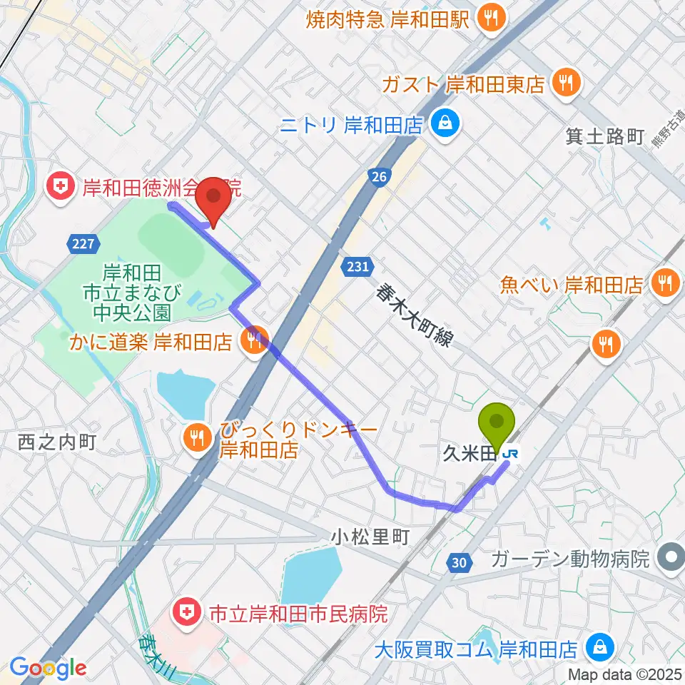 久米田駅から岸和田製鋼マドカホールへのルートマップ地図