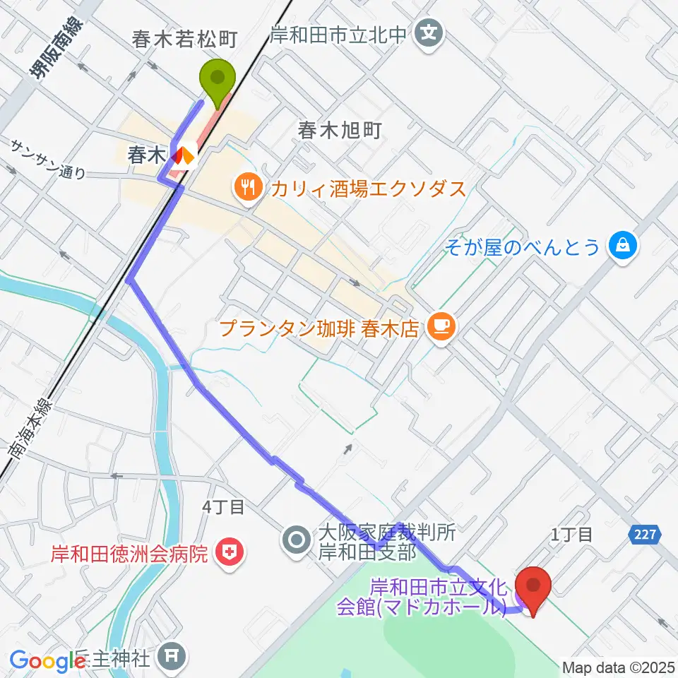 岸和田製鋼マドカホールの最寄駅春木駅からの徒歩ルート（約14分）地図