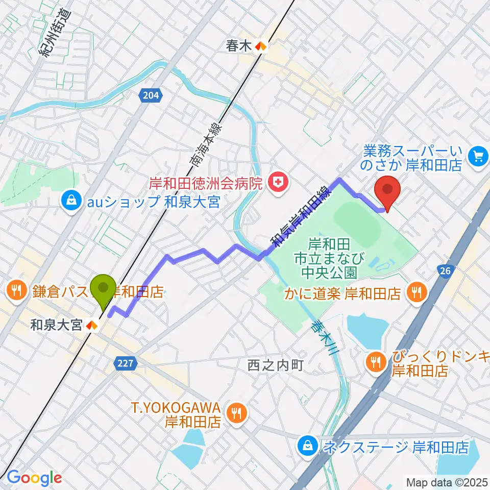 和泉大宮駅から岸和田製鋼マドカホールへのルートマップ地図