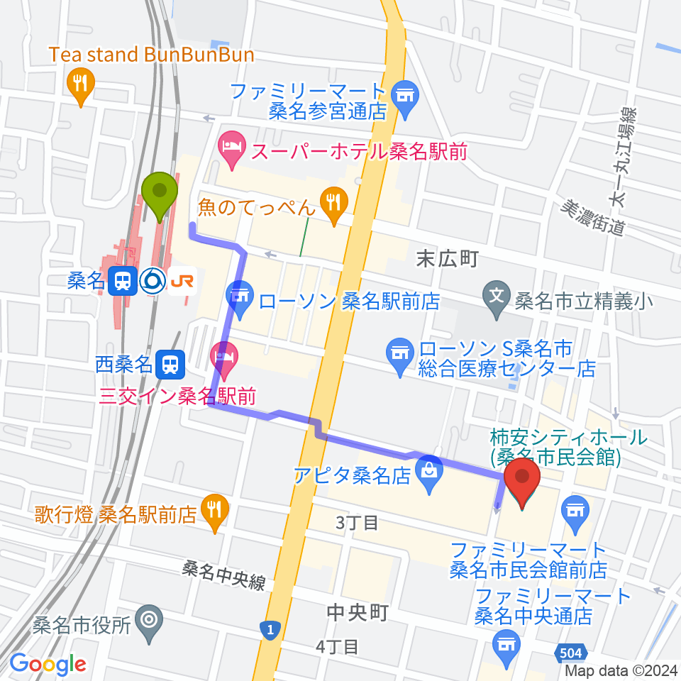 柿安シティホールの最寄駅桑名駅からの徒歩ルート（約11分）地図