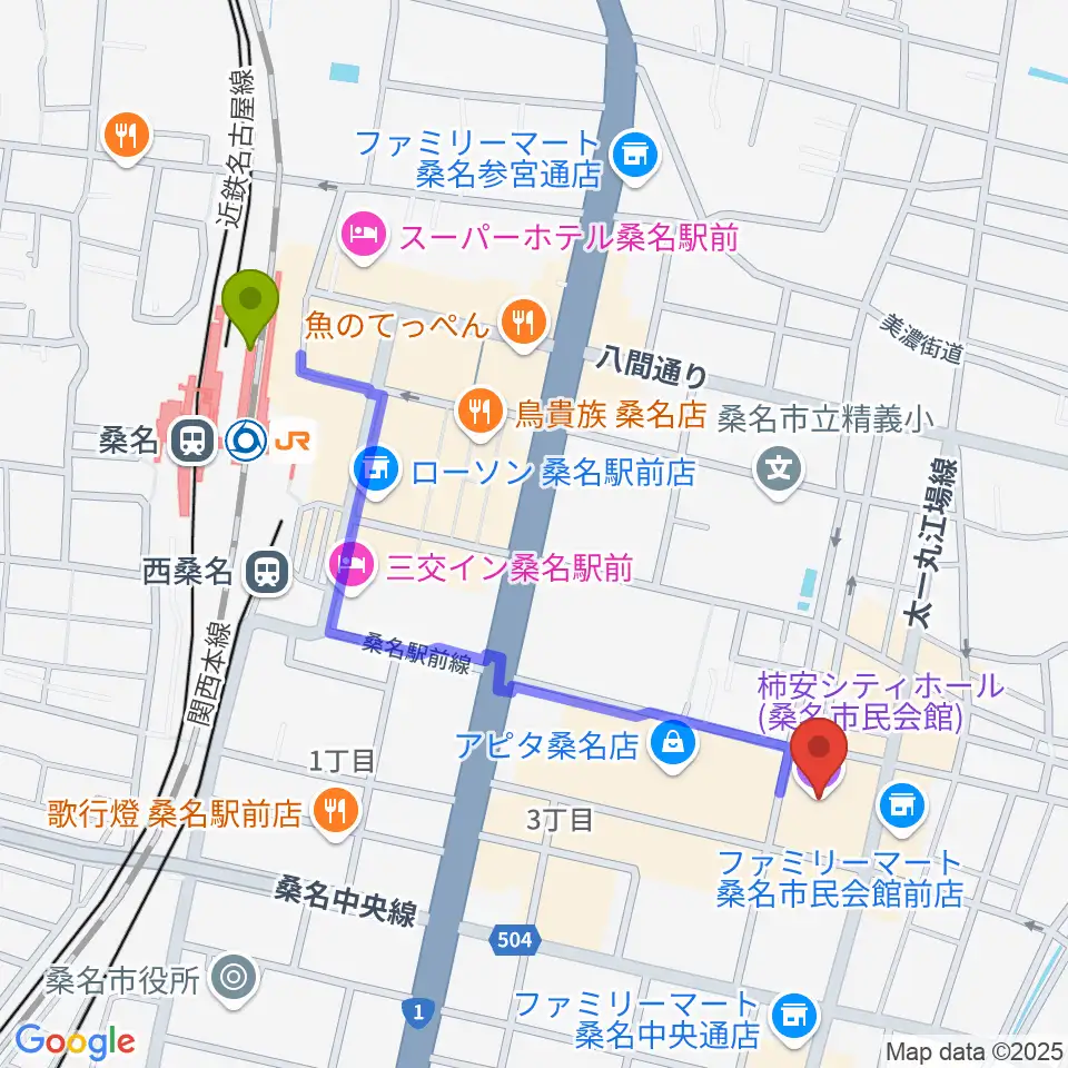 柿安シティホールの最寄駅桑名駅からの徒歩ルート（約11分）地図