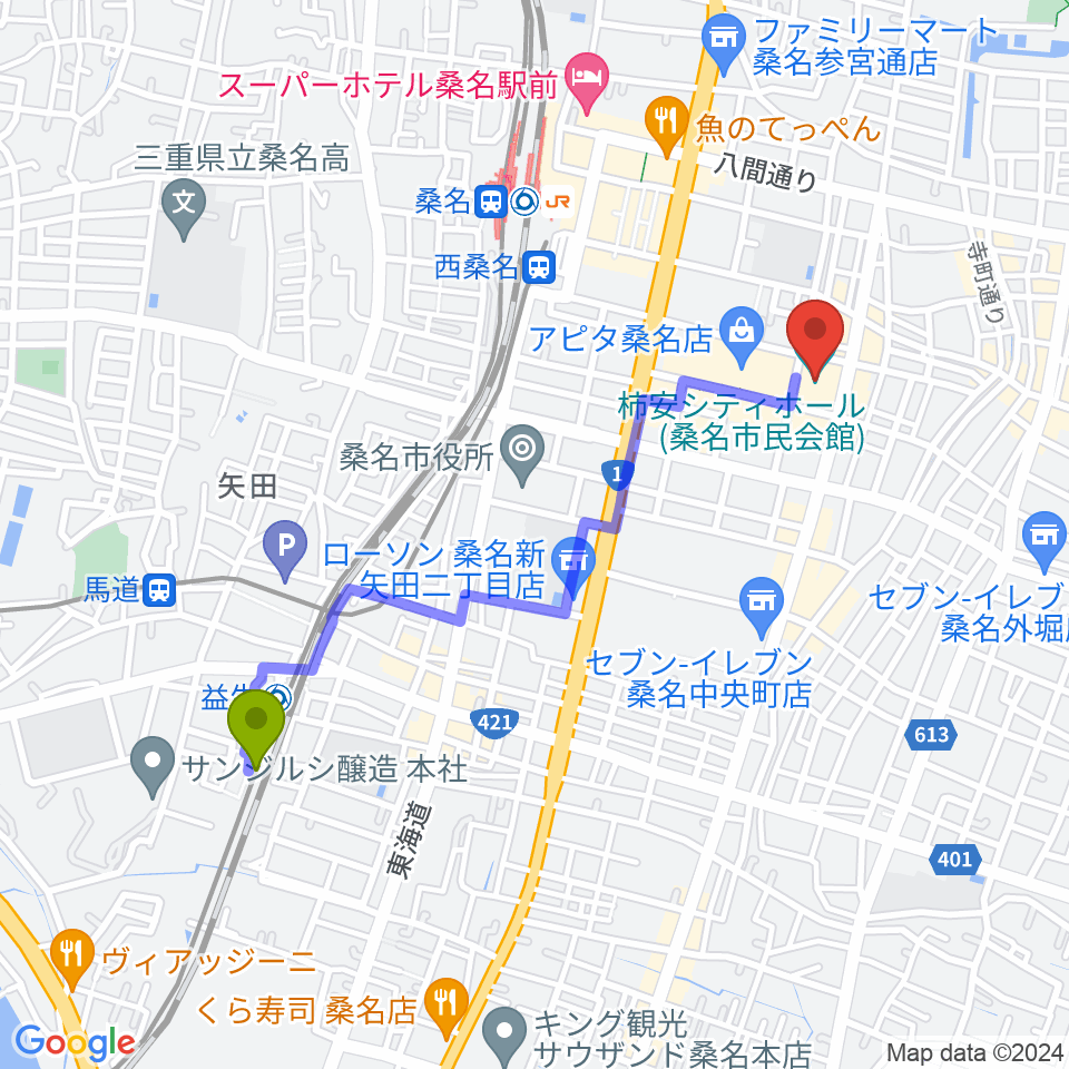 益生駅から柿安シティホールへのルートマップ地図