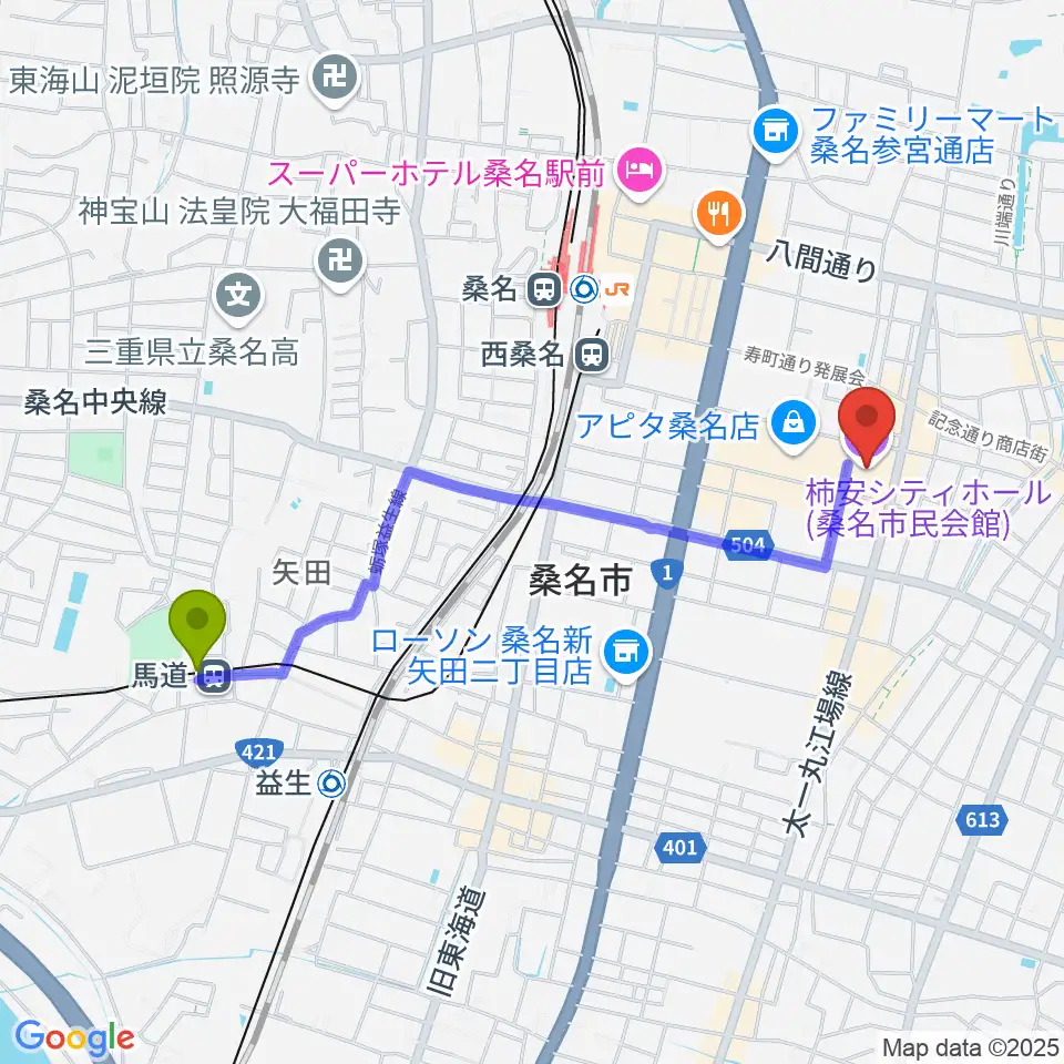 馬道駅から柿安シティホールへのルートマップ地図