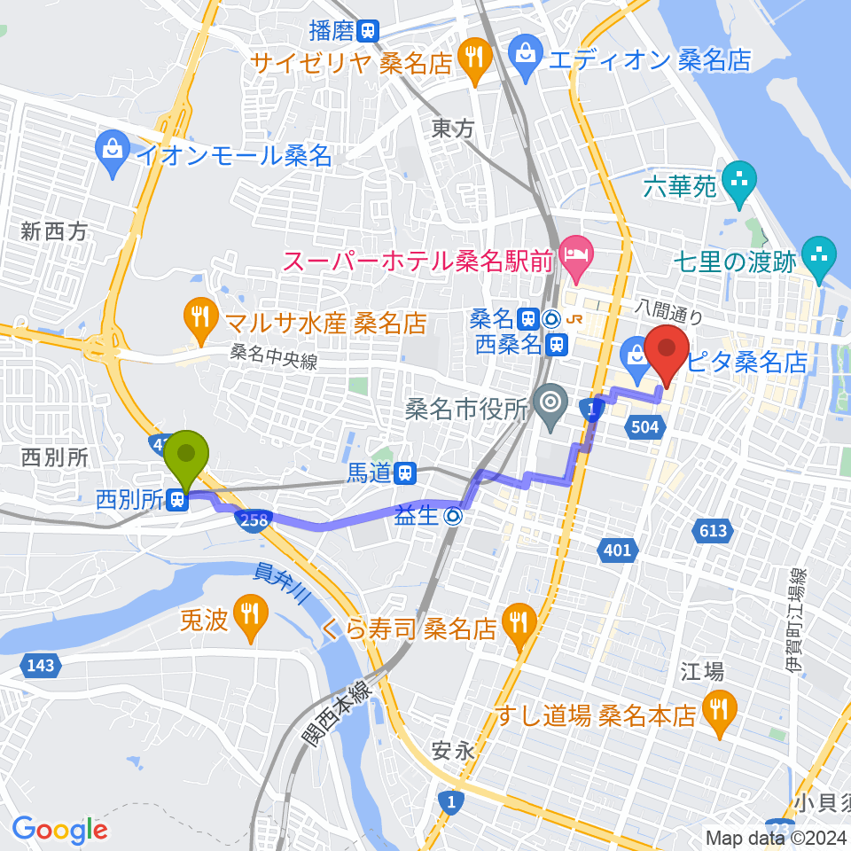 西別所駅から柿安シティホールへのルートマップ地図