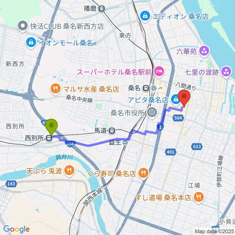 西別所駅から柿安シティホールへのルートマップ地図