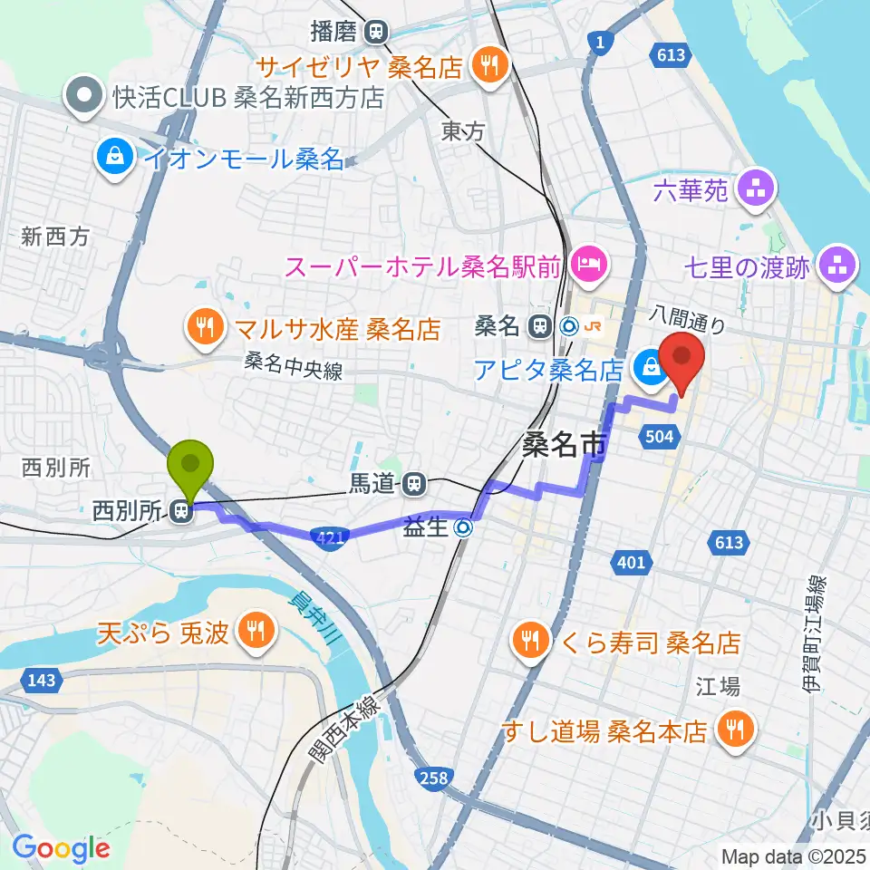 西別所駅から柿安シティホールへのルートマップ地図