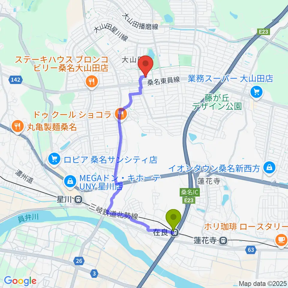 在良駅から光精工コミュニティプラザへのルートマップ地図