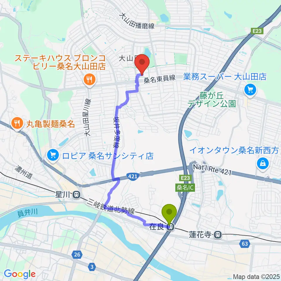在良駅から光精工コミュニティプラザへのルートマップ地図