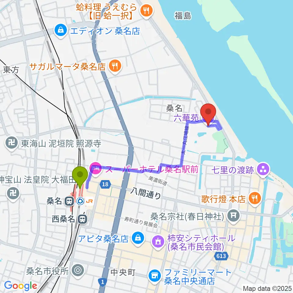 六華苑の最寄駅桑名駅からの徒歩ルート（約15分）地図