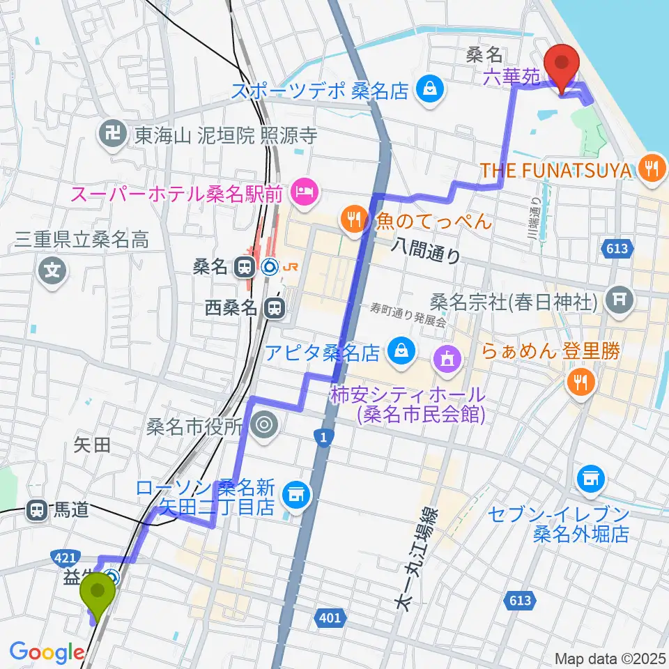 益生駅から六華苑へのルートマップ地図