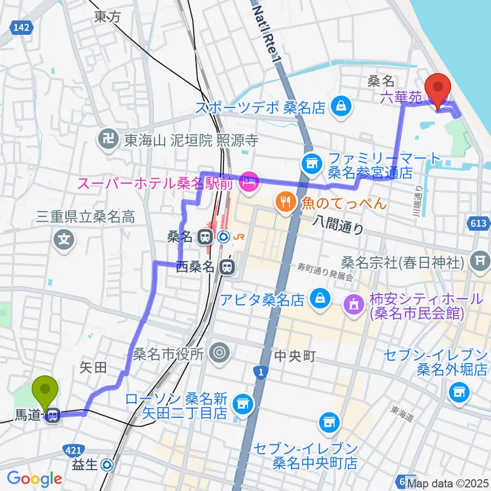 馬道駅から六華苑へのルートマップ地図