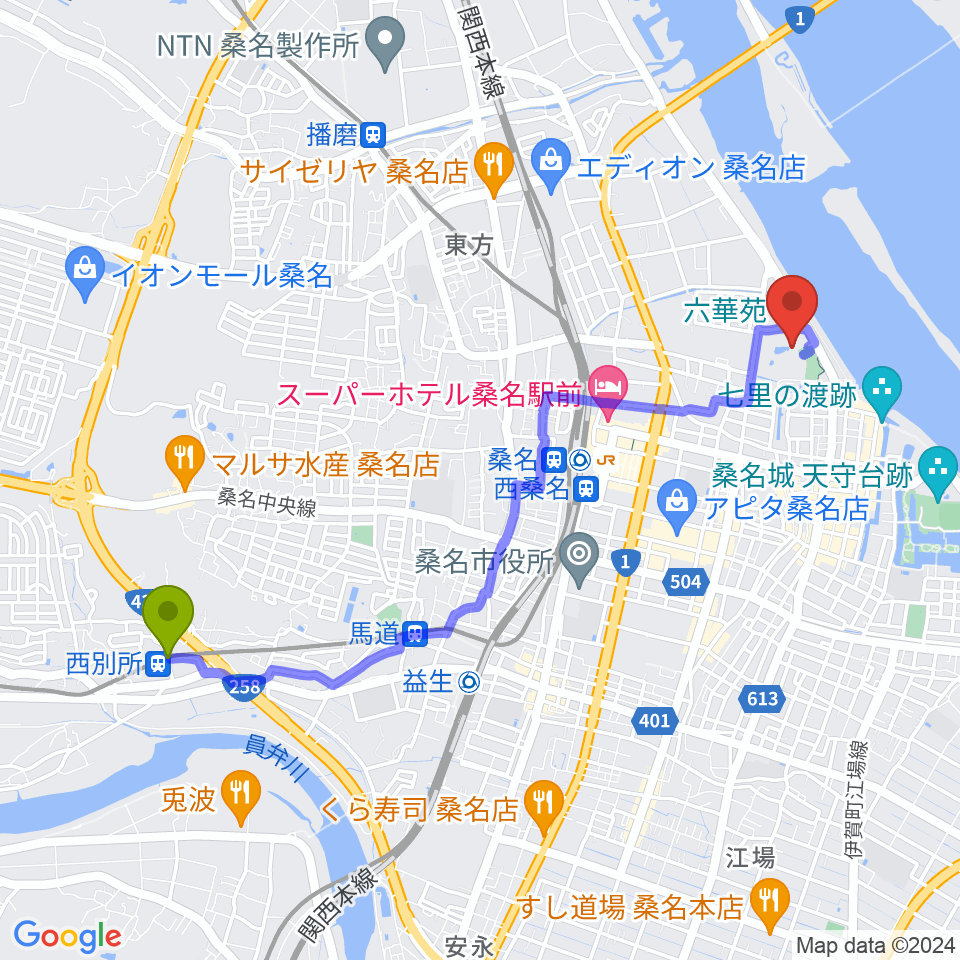 西別所駅から六華苑へのルートマップ地図