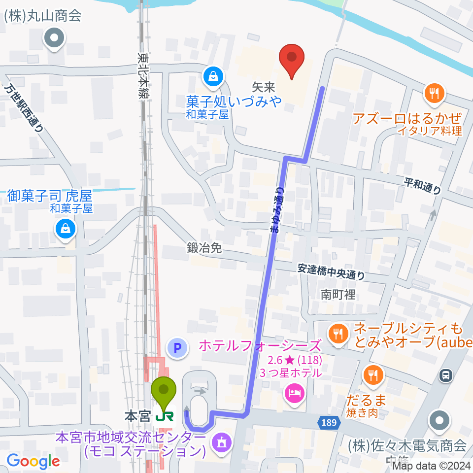 サンライズもとみやの最寄駅本宮駅からの徒歩ルート（約6分）地図