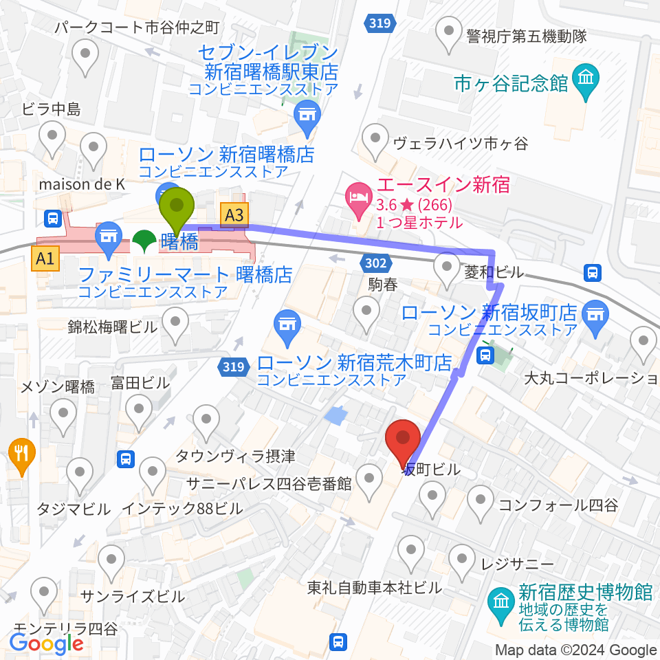 四谷サロンガイヤールの最寄駅曙橋駅からの徒歩ルート（約4分）地図