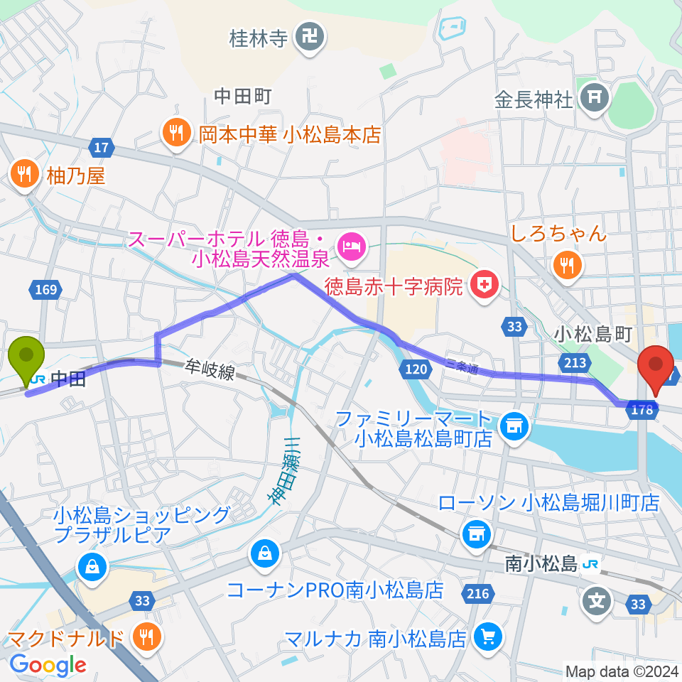 中田駅から小松島市サウンドハウスホールへのルートマップ地図