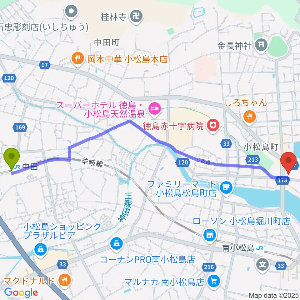 中田駅から小松島市サウンドハウスホールへのルートマップ地図