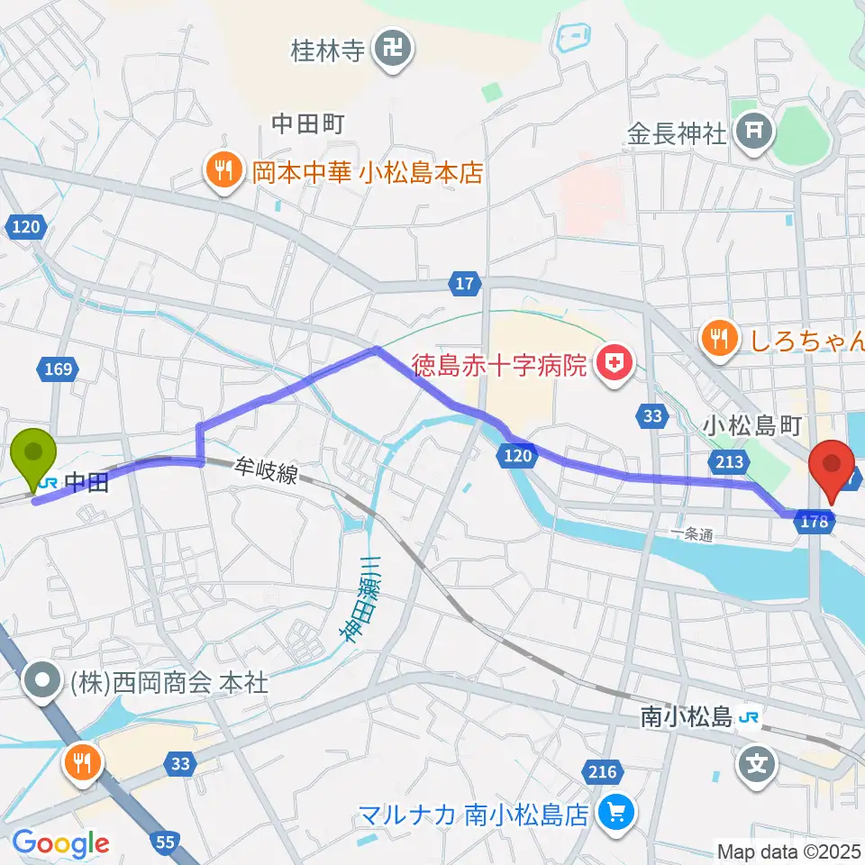 中田駅から小松島市サウンドハウスホールへのルートマップ地図