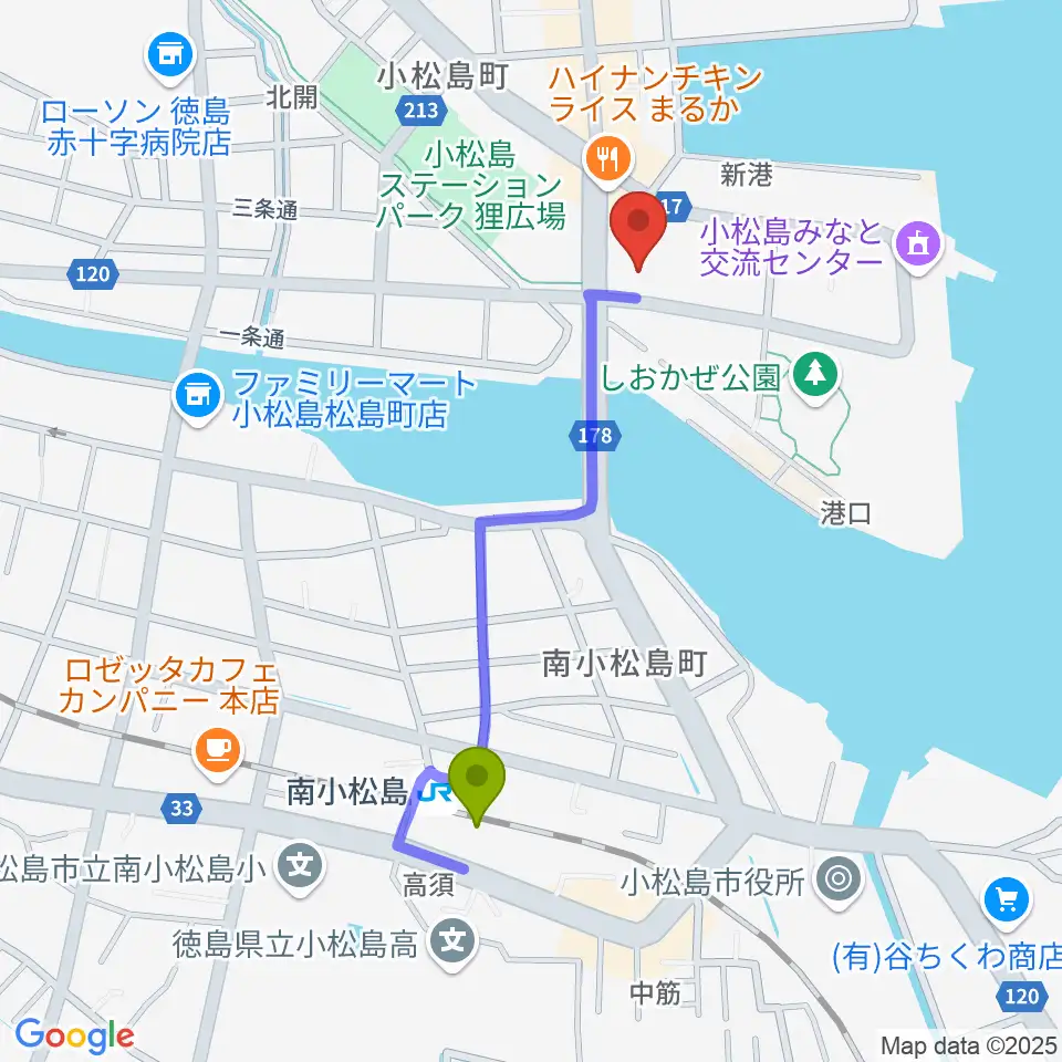 小松島市サウンドハウスホールの最寄駅南小松島駅からの徒歩ルート（約9分）地図