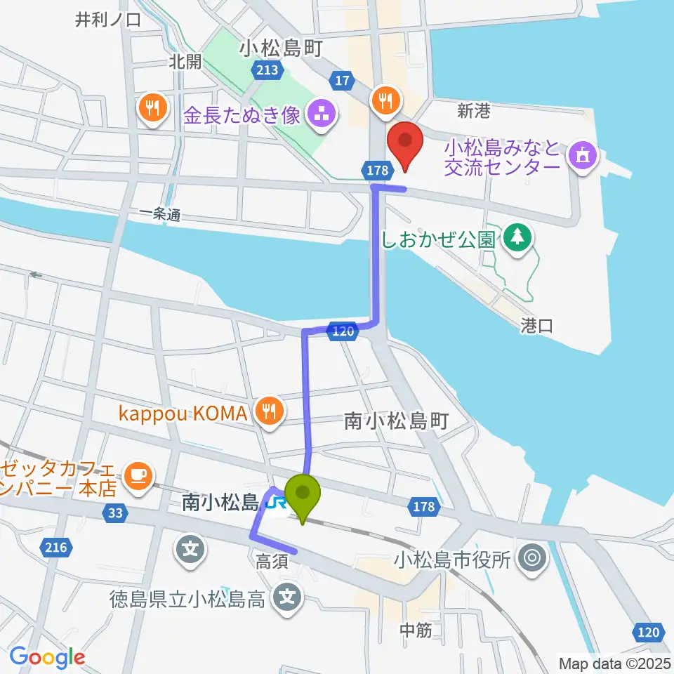 小松島市サウンドハウスホールの最寄駅南小松島駅からの徒歩ルート（約9分）地図