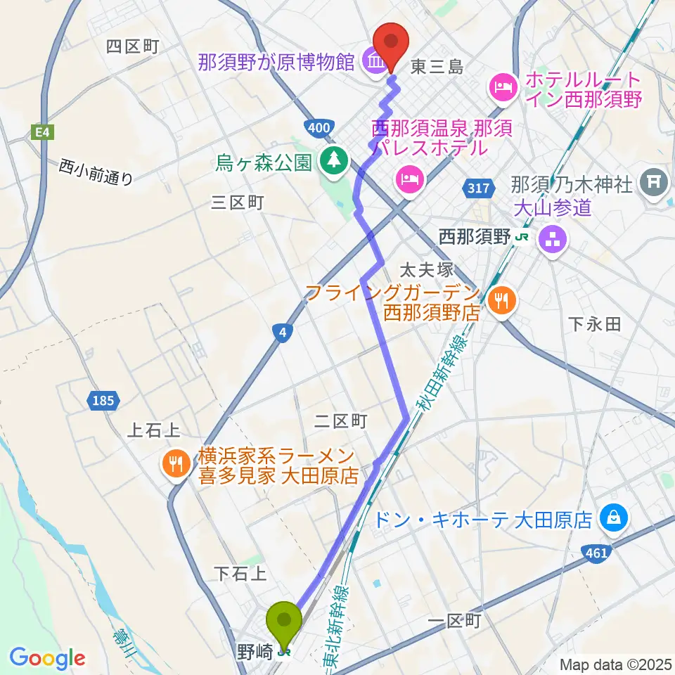 野崎駅から那須塩原市三島ホールへのルートマップ地図