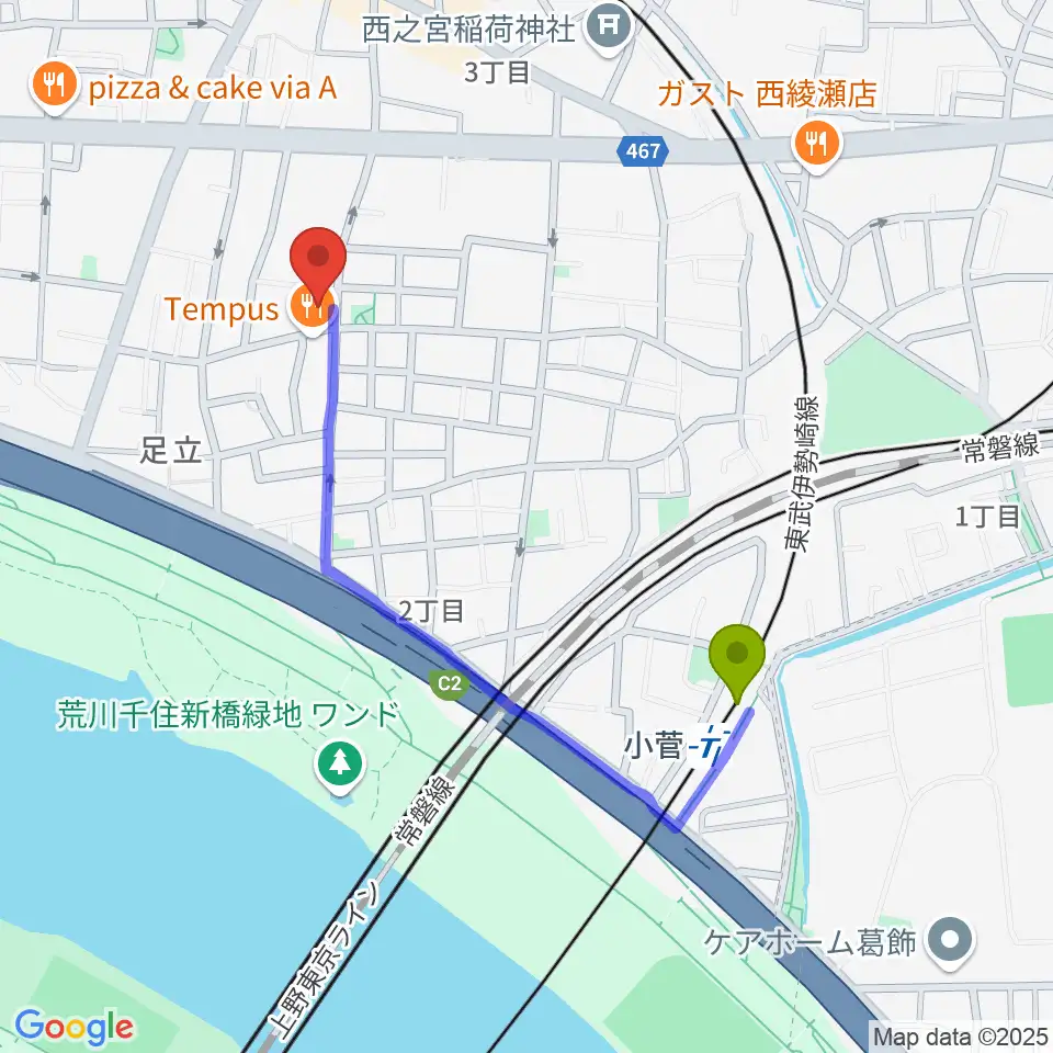 小菅駅から森田バイオリン教室へのルートマップ地図