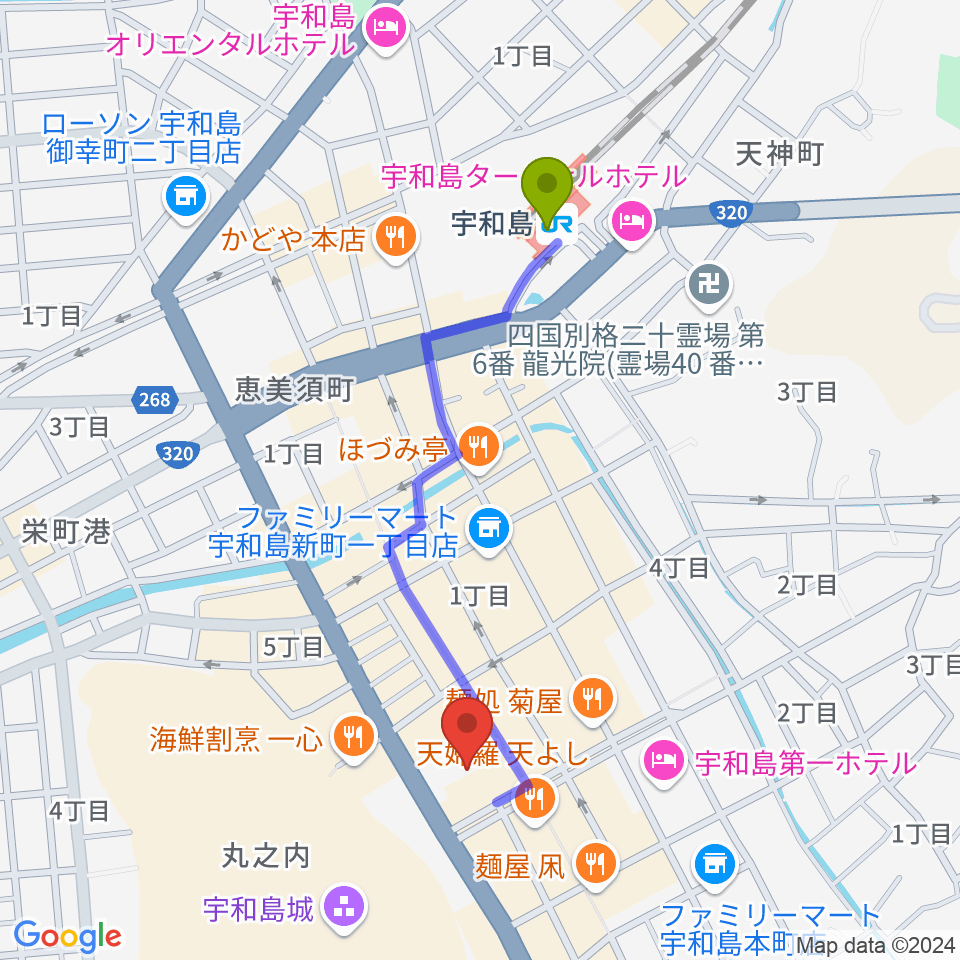 南予文化会館の最寄駅宇和島駅からの徒歩ルート（約9分）地図