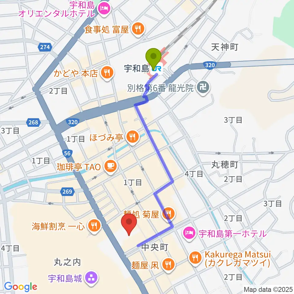 南予文化会館の最寄駅宇和島駅からの徒歩ルート（約9分）地図