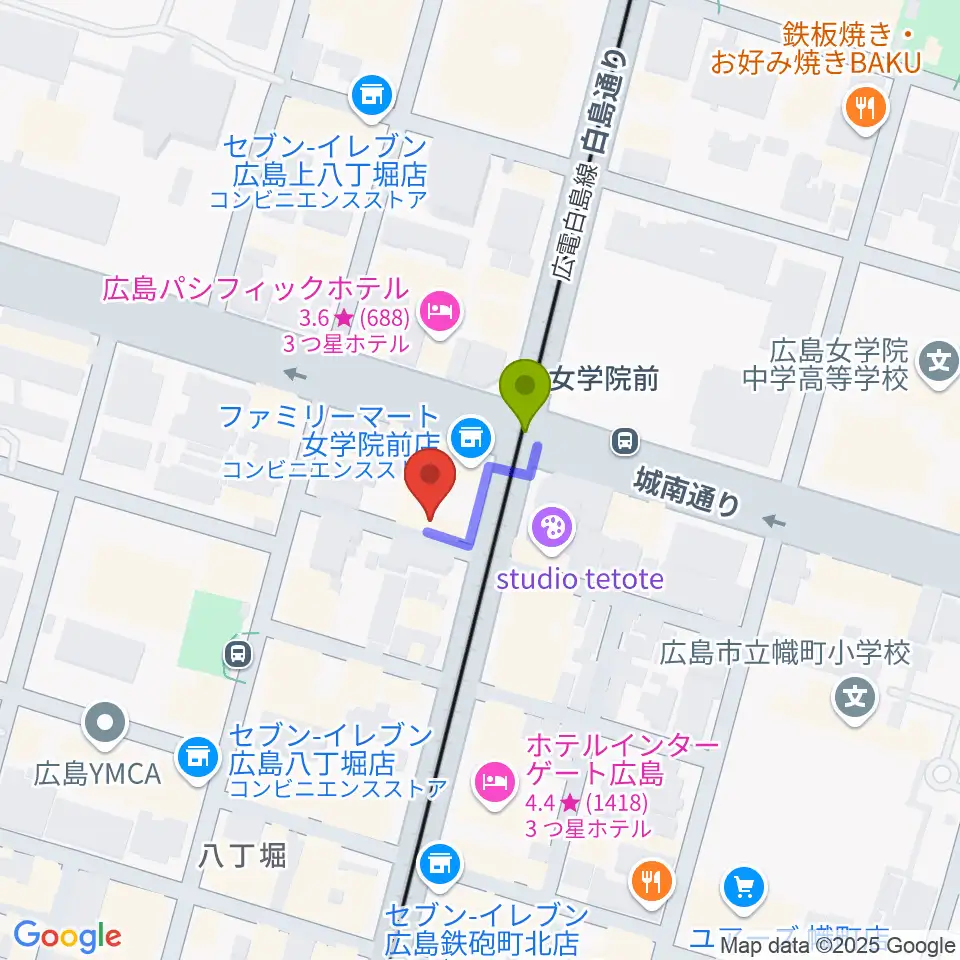 Consolo音楽教室の最寄駅女学院前駅からの徒歩ルート（約1分）地図