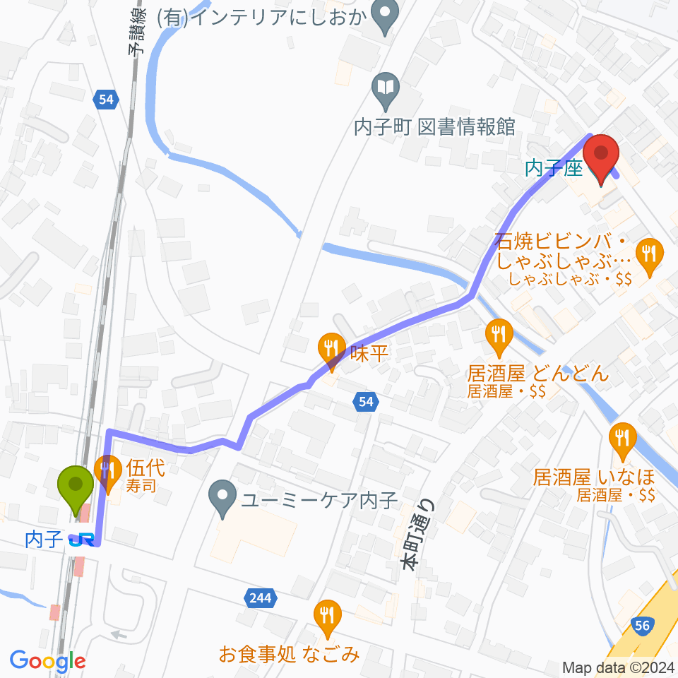 内子座の最寄駅内子駅からの徒歩ルート（約7分）地図