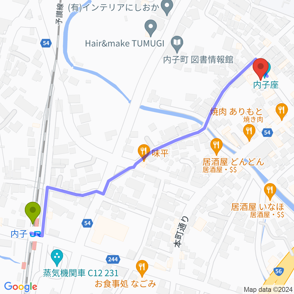 内子座の最寄駅内子駅からの徒歩ルート（約7分）地図