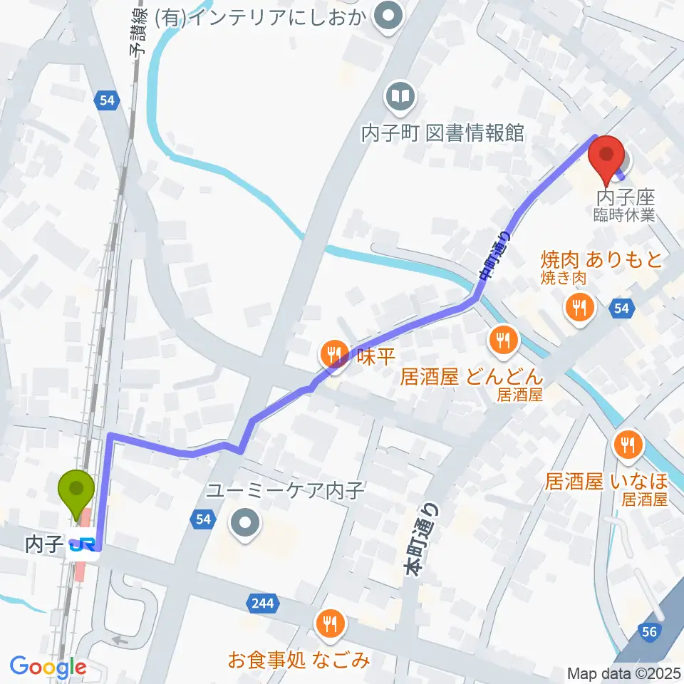 内子座の最寄駅内子駅からの徒歩ルート（約7分）地図