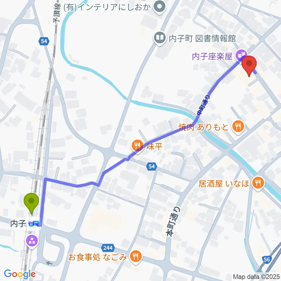 内子座の最寄駅内子駅からの徒歩ルート（約7分）地図