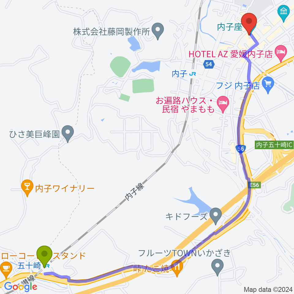 五十崎駅から内子座へのルートマップ地図
