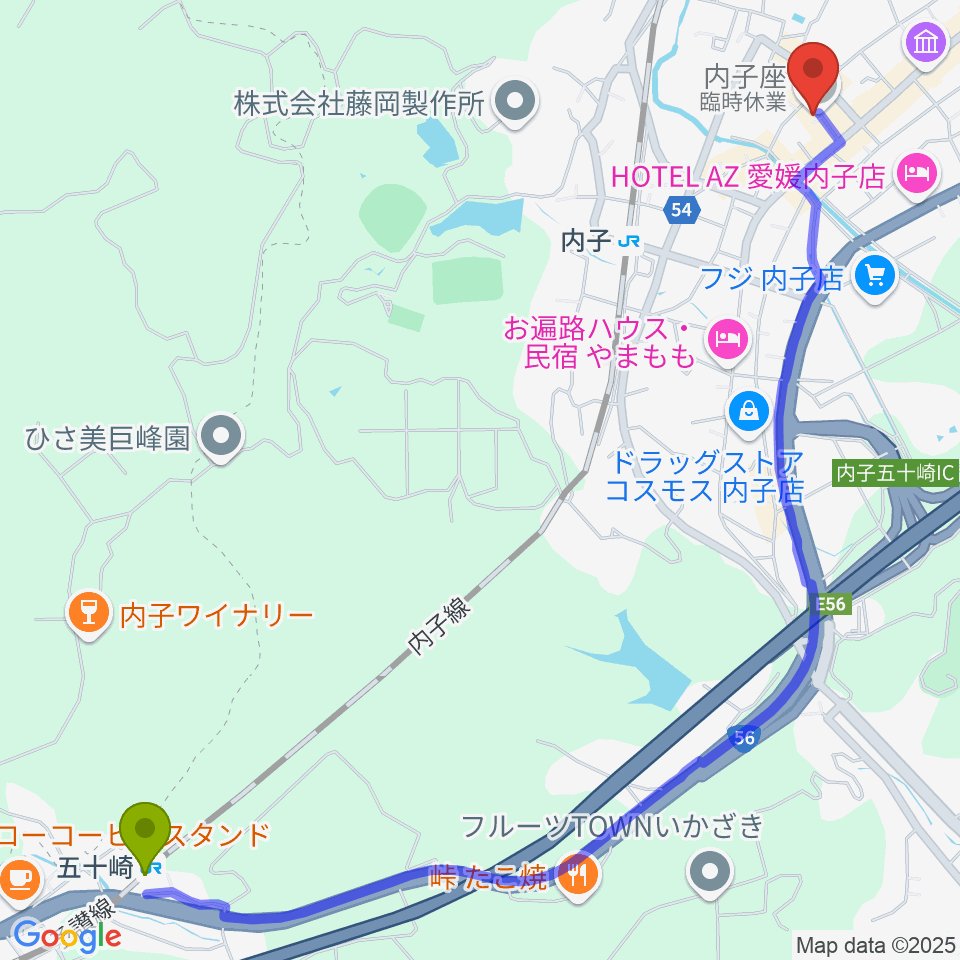 五十崎駅から内子座へのルートマップ地図