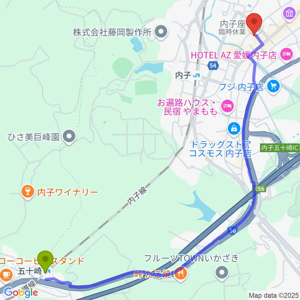 五十崎駅から内子座へのルートマップ地図