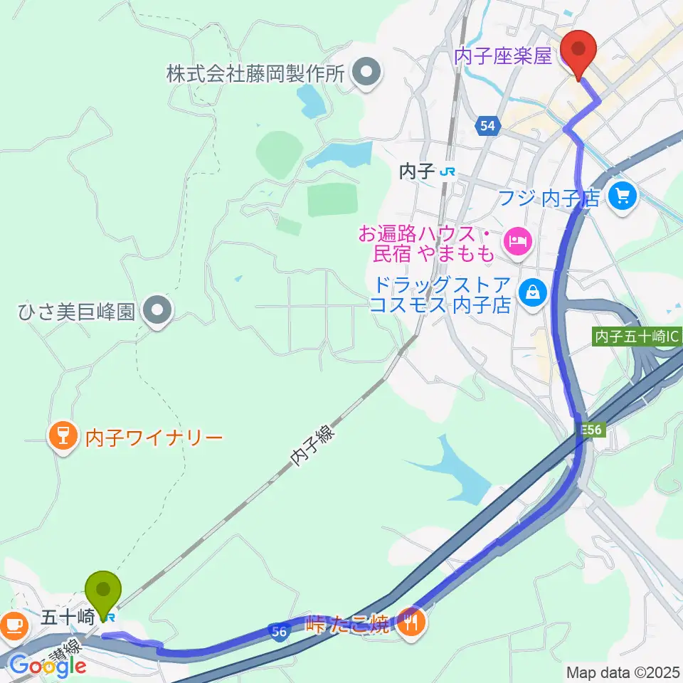 五十崎駅から内子座へのルートマップ地図