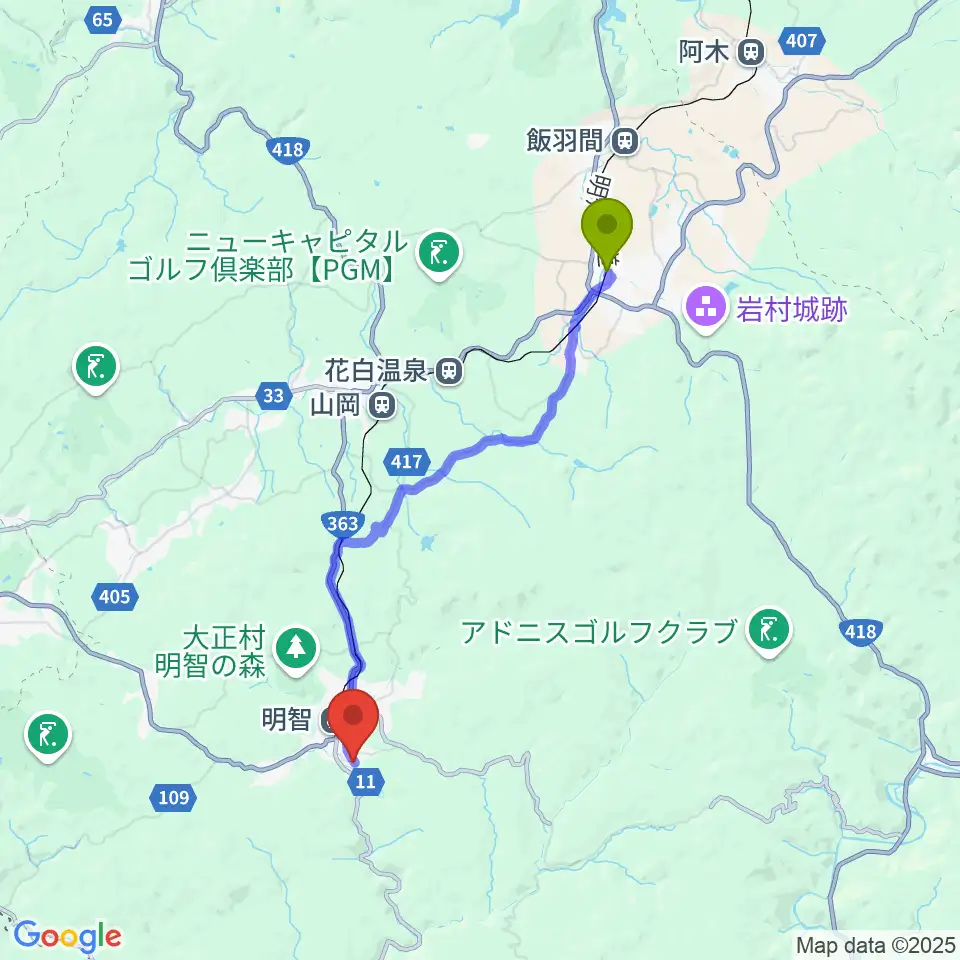 岩村駅から明智かえでホールへのルートマップ地図