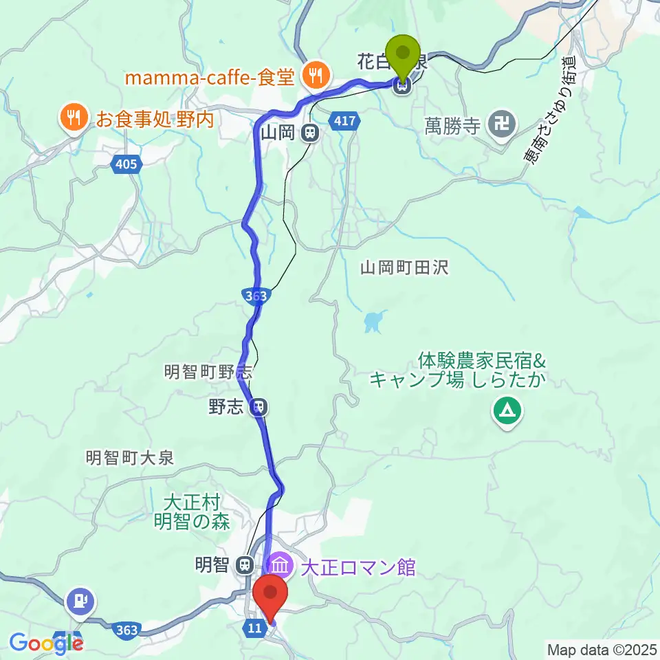 花白温泉駅から明智かえでホールへのルートマップ地図