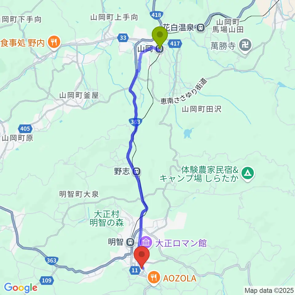 山岡駅から明智かえでホールへのルートマップ地図