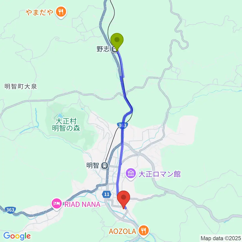 野志駅から明智かえでホールへのルートマップ地図