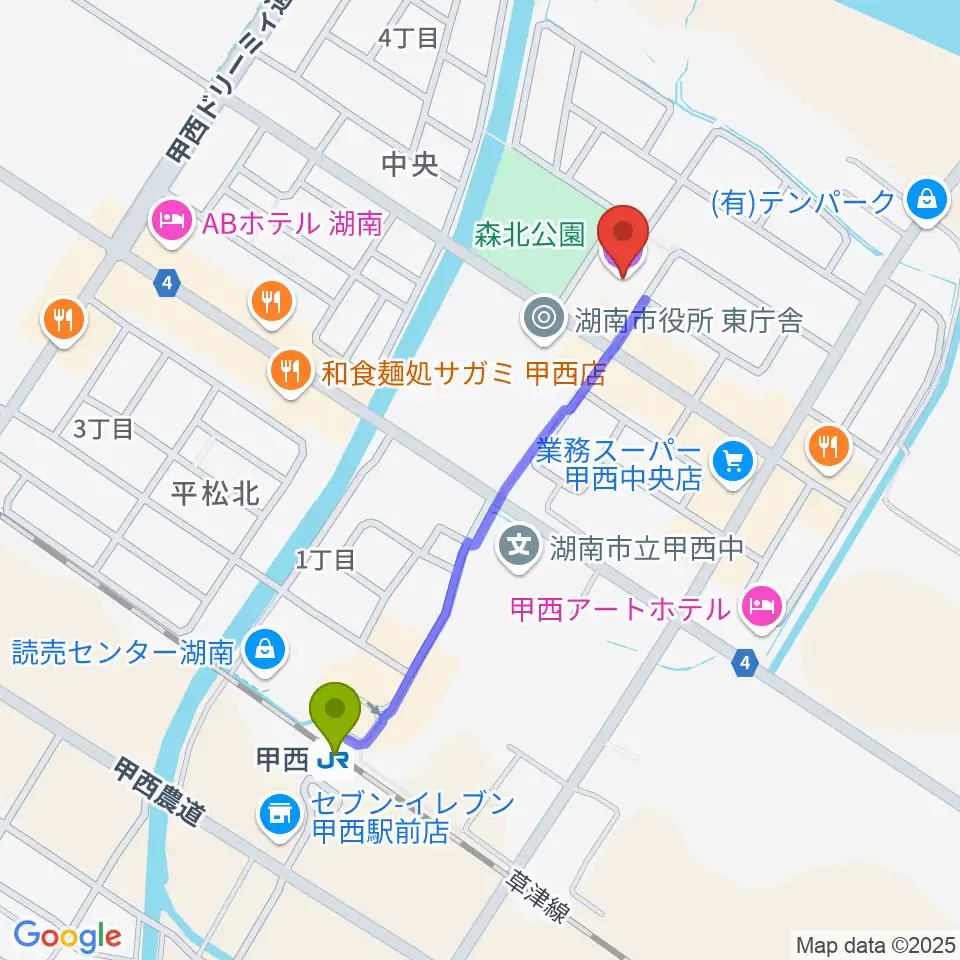 湖南市甲西文化ホールの最寄駅甲西駅からの徒歩ルート（約9分）地図
