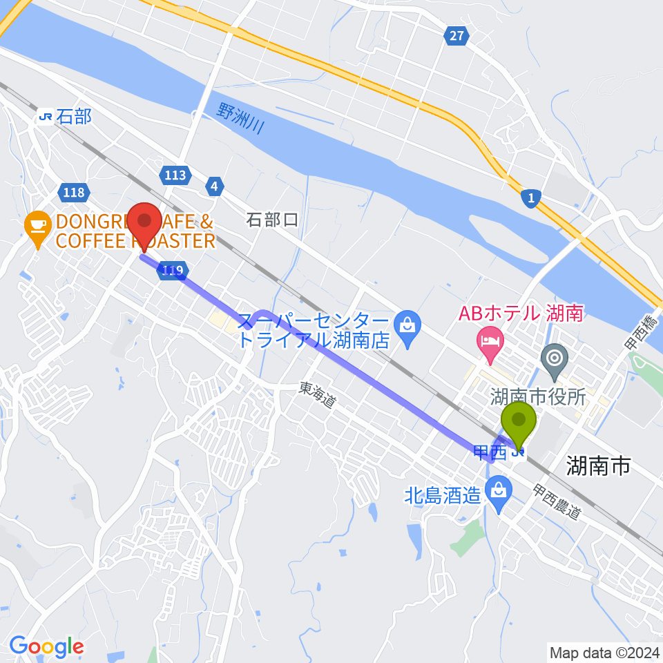 甲西駅から石部文化ホールへのルートマップ地図