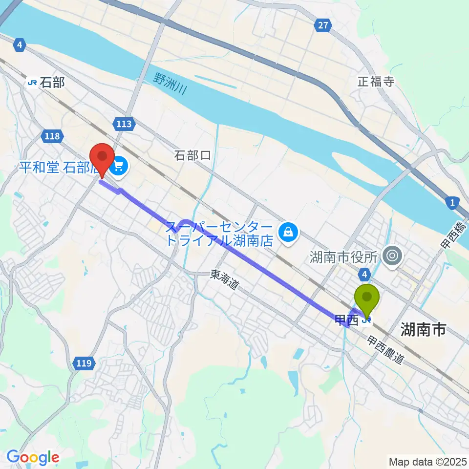 甲西駅から石部文化ホールへのルートマップ地図