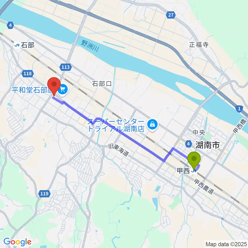 甲西駅から石部文化ホールへのルートマップ地図